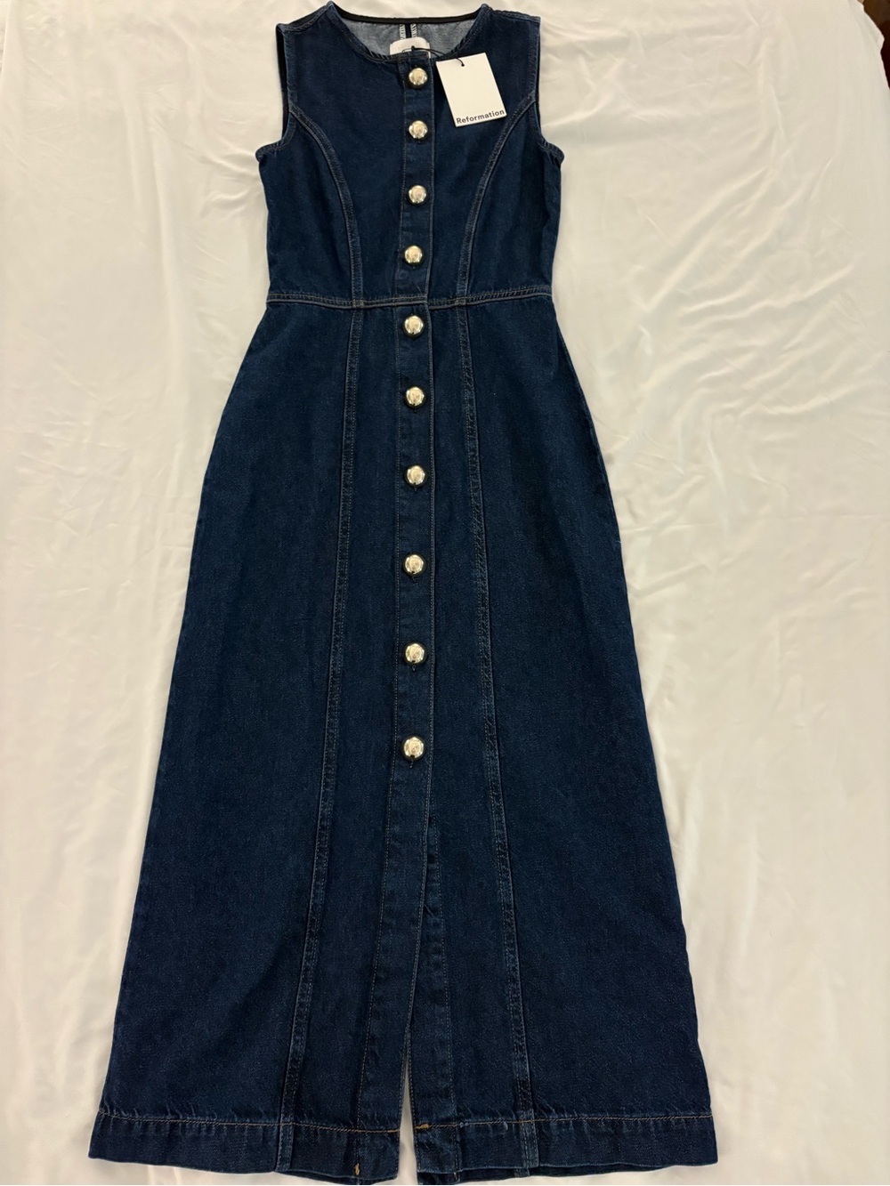 NWT Reformation Roswell Midi Sleeveless Dark Blue Denim Button-Front Maxi Dress